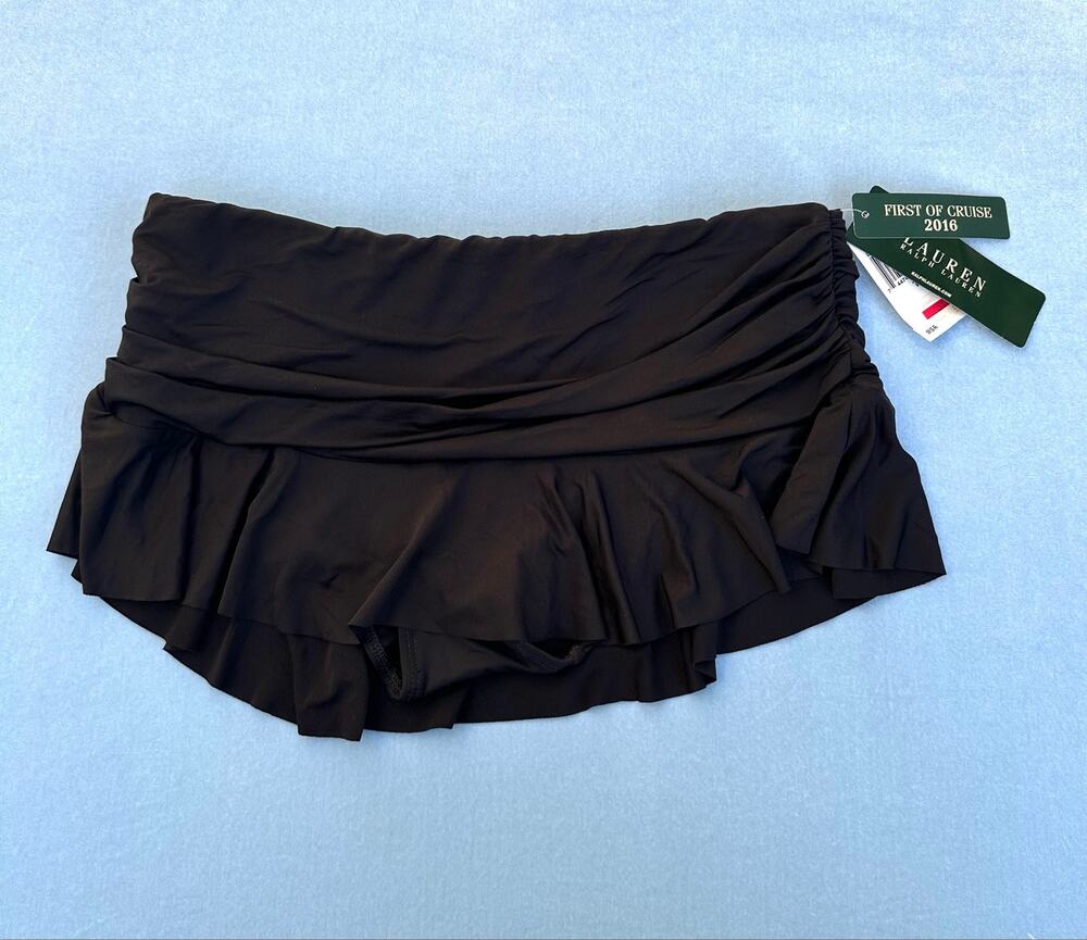 NWT Lauren Ralph Lauren Black Beach Club Ruched Swim Skirt Bottom Sz 10